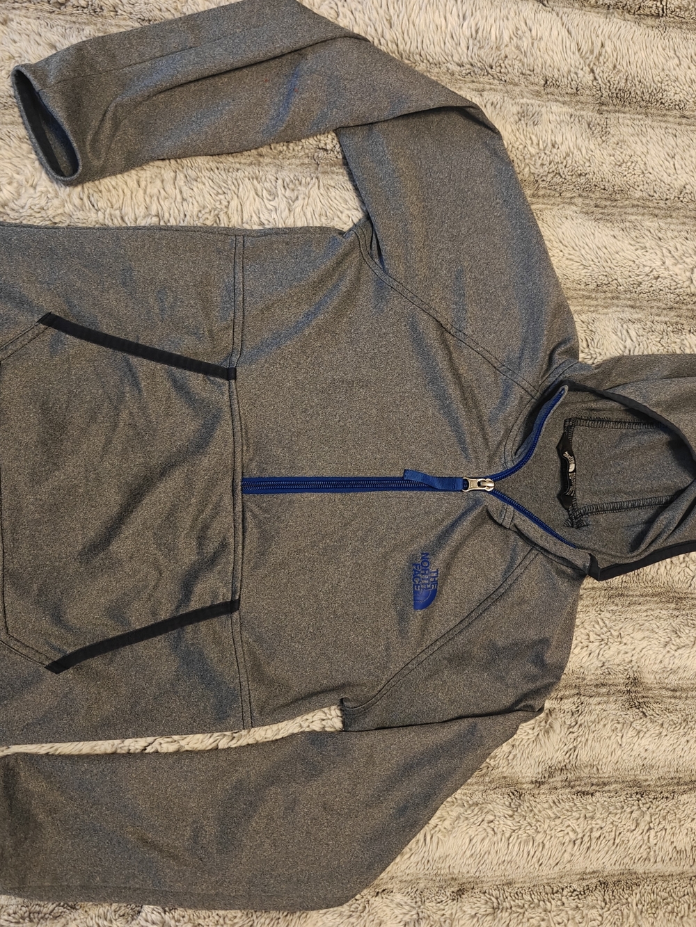 The North Face Gray Hooded Kids Sweatshirt with Blue Zipper